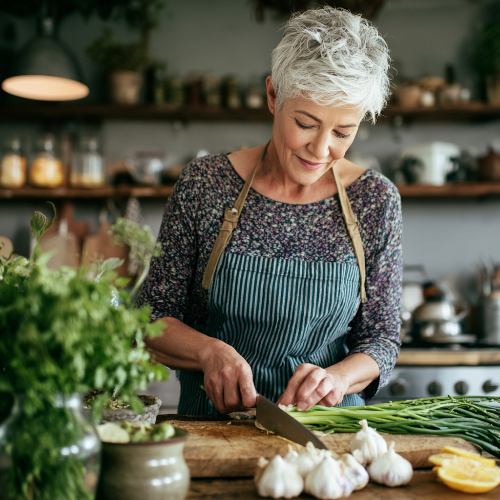 Middle-aged woman preparing nutritious meal with garlic and green vegetables