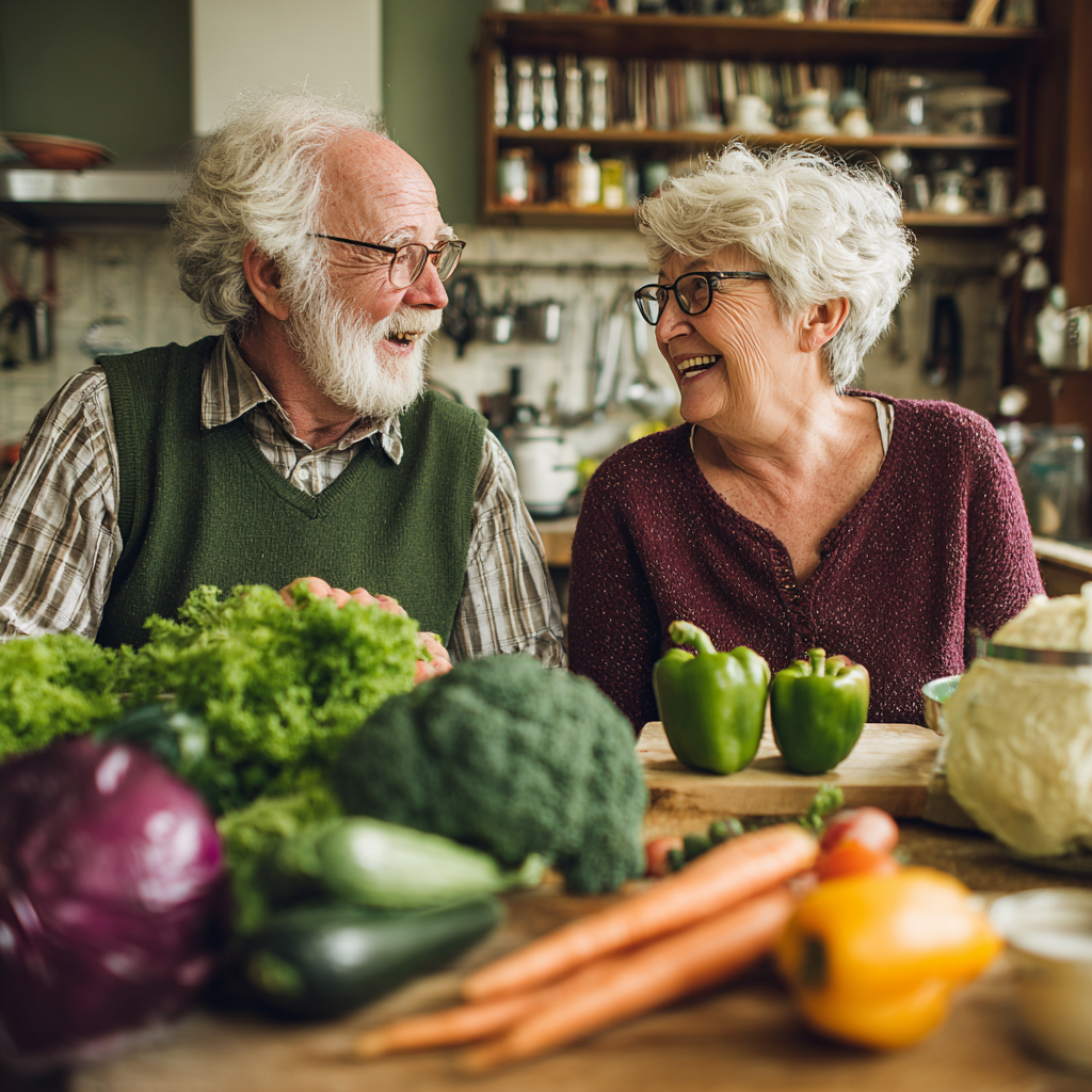Older adults enjoying fresh vegetables and discussing healthy nutrition